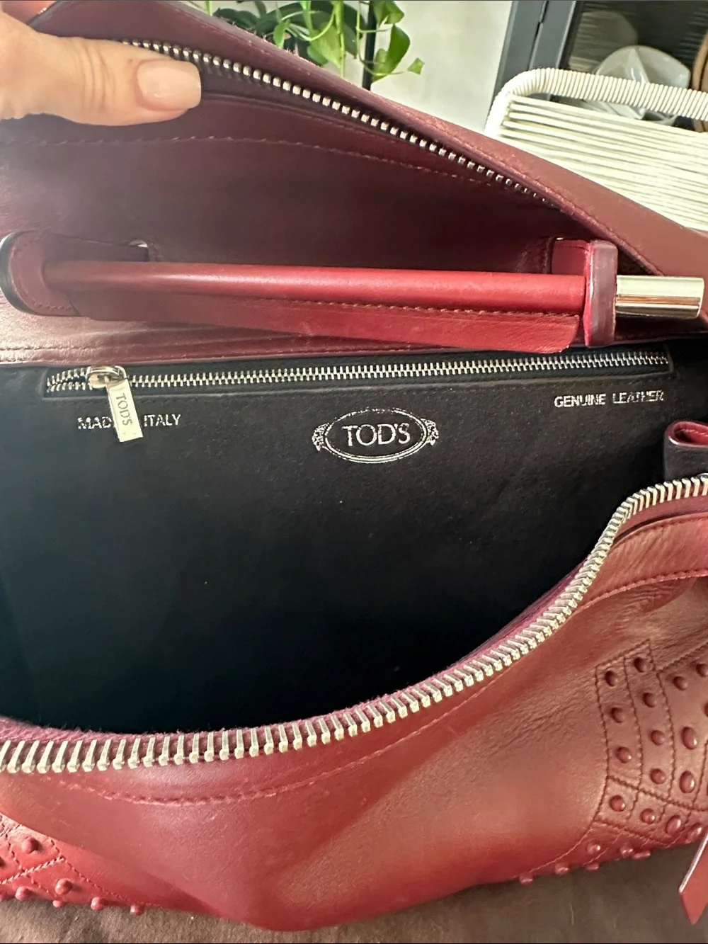 Tod's Deep Red Leather Satchel with Studded Trim